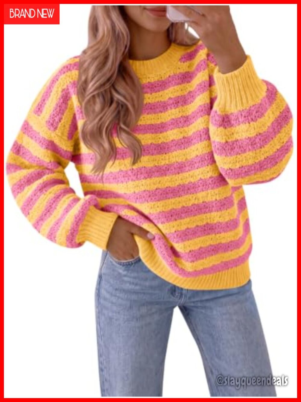 Women's Striped Color Block Crochet Knit Pullover Sweater Long Sleeve Crew Neck